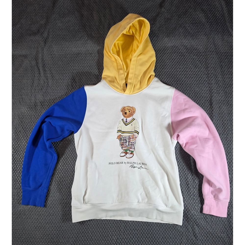 Polo Ralph Lauren Kids L 14-16 Polo Bear Colorblock Hoodie White Blue Pink